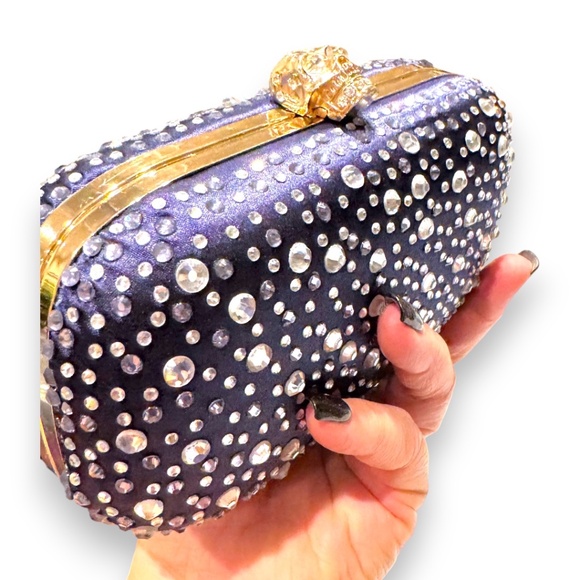 Handbag Republic Navy Crystal Skull Clutch – Rhinestone Studded Evening Bag - Picture 2 of 8
